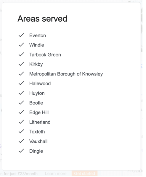 Example of a Google Business Profile set up for services available in multiple areas