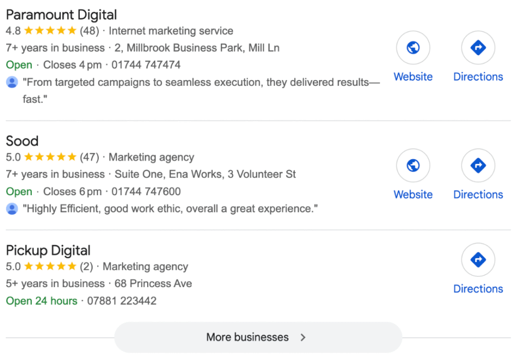 example of a local pack results in google for local seo