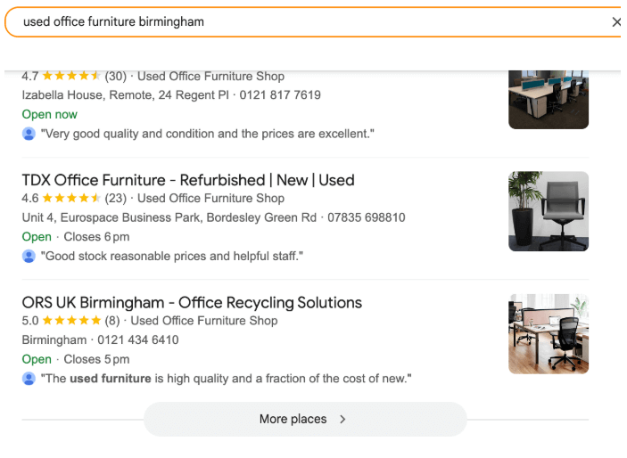 Example of ORS Birmingham GBP appearing for local used office furniture service in SERPs
