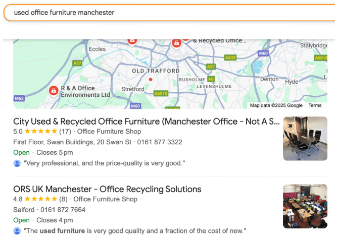 example of ORS manchester Google Business Profile showing in Local SERPs