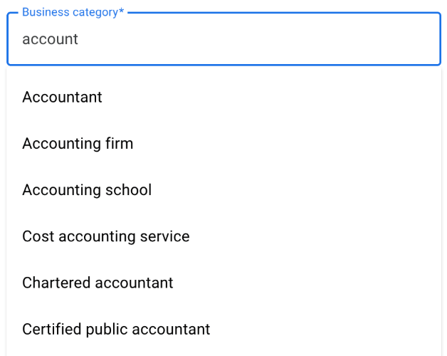 entering business category in Google Business Profile