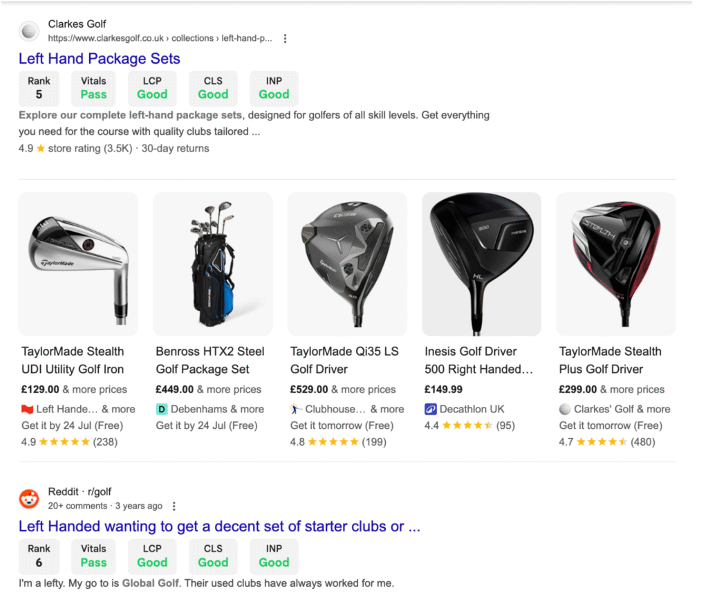 SERP result for left handed golf club product page
