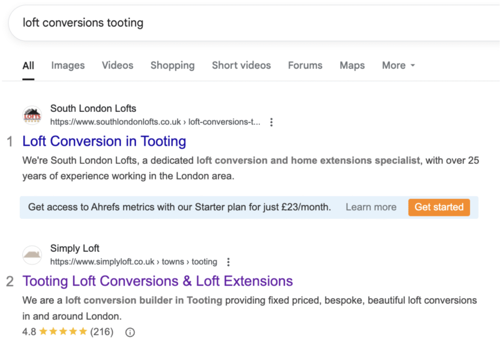 Example SERP result for loft conversion tooting