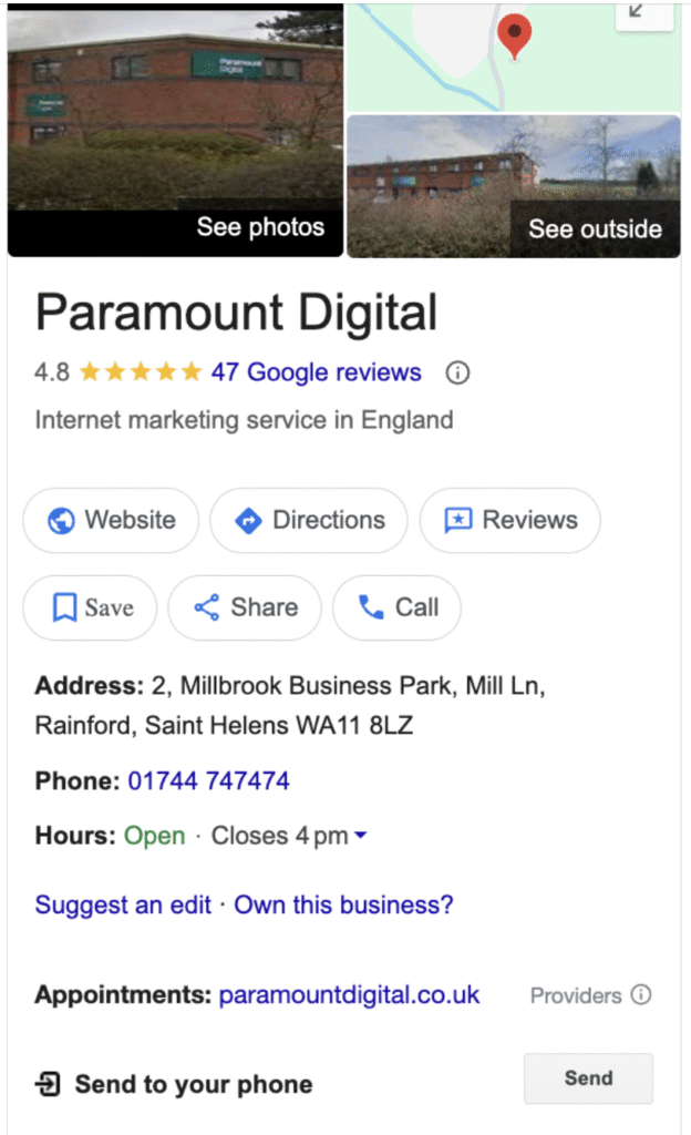 example of a local business listing from local schema on an area landing page