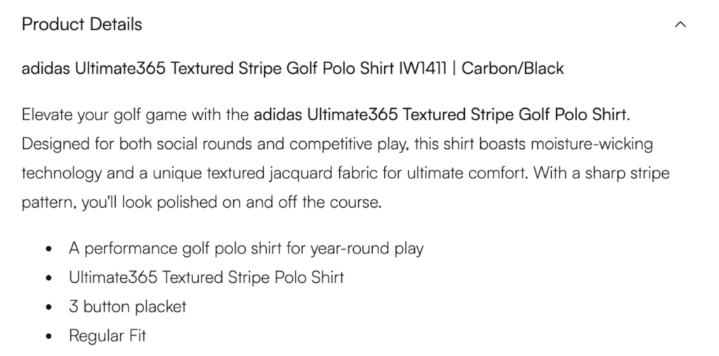 Example of how to write a product description when optimising a Shopify product page for seo