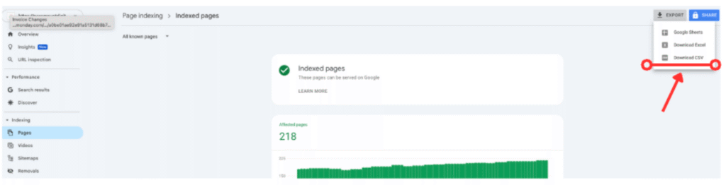 example of how to find indexed pages for a content audit in google search console